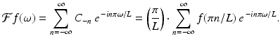 
$$\displaystyle{ \mathcal{F}f(\omega ) =\sum _{ n=-\infty }^{\infty }C_{ -n}\,e^{\,-in\pi \omega /L} = \left ( \frac{\pi } {L}\right ) \cdot \sum _{n=-\infty }^{\infty }f(\pi n/L)\,e^{\,-in\pi \omega /L}. }$$
