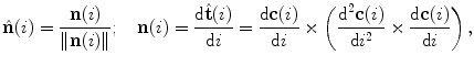 $${\hat{\mathbf{n}}}(i) = \frac{{{\mathbf{n}}(i)}}{{\left\| {{\mathbf{n}}(i)} \right\|}};\quad {\mathbf{n}}(i) = \frac{{{\text{d}}{\hat{\mathbf{t}}}(i)}}{{{\text{d}}i}} = \frac{{{\text{d}}{\mathbf{c}}(i)}}{{{\text{d}}i}} \times \left( {\frac{{ {\text{d}^{2}}{\mathbf{c}}(i)}}{{{\text{d}}i^{2} }} \times \frac{{{\text{d}}{\mathbf{c}}(i)}}{{{\text{d}}i}}} \right),$$