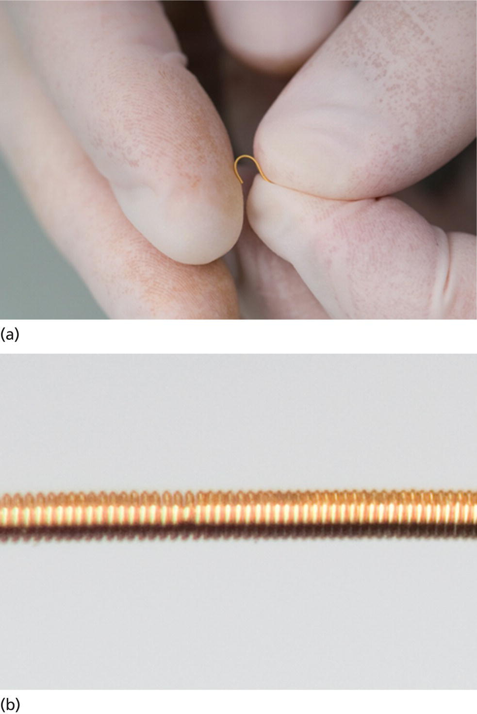 Photo depicts gold coil fiducial marker is (a) flexible and (b) has a coiled design.