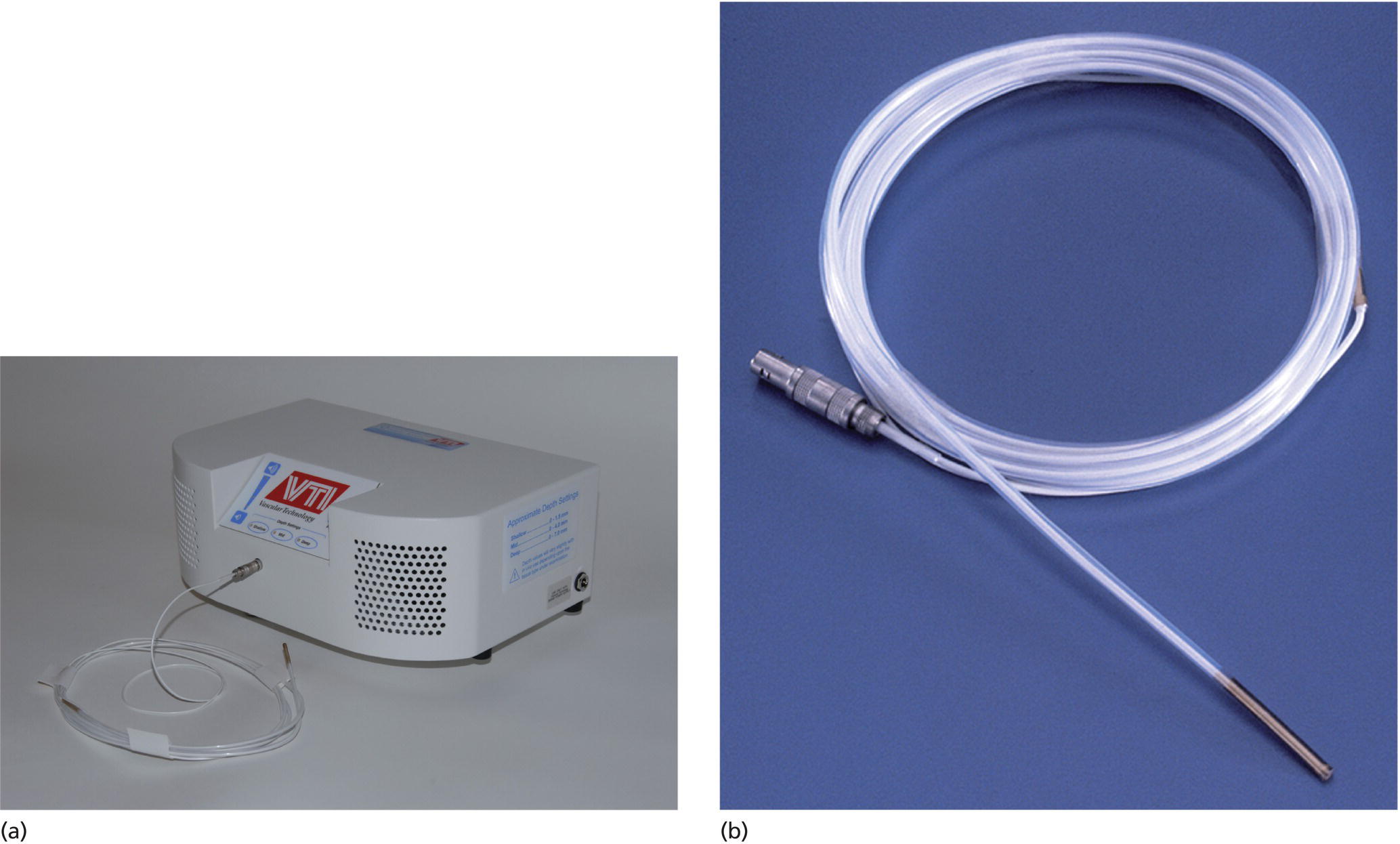 Photos depict VTI endoscopic Doppler system.