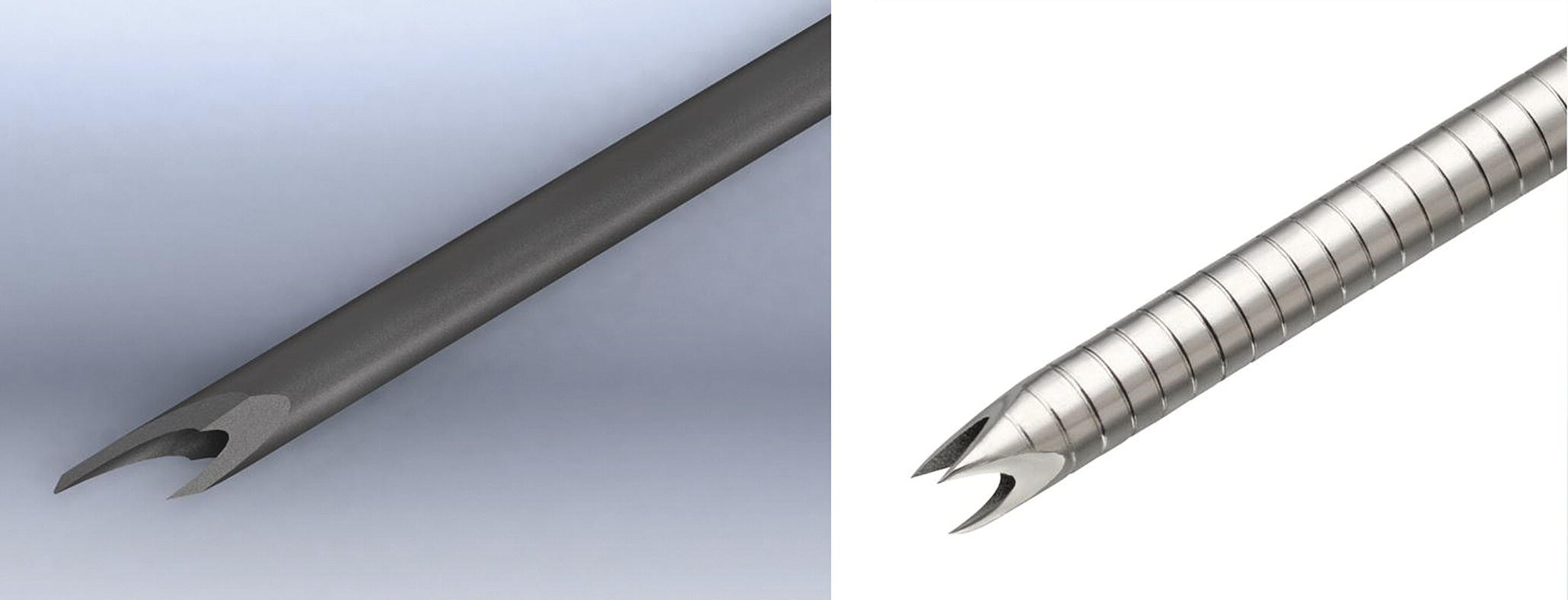 Photo depicts close-up of the tips of the core needles used for EUS-LB: (left) SharkCore needle; (right) Acquire needle.