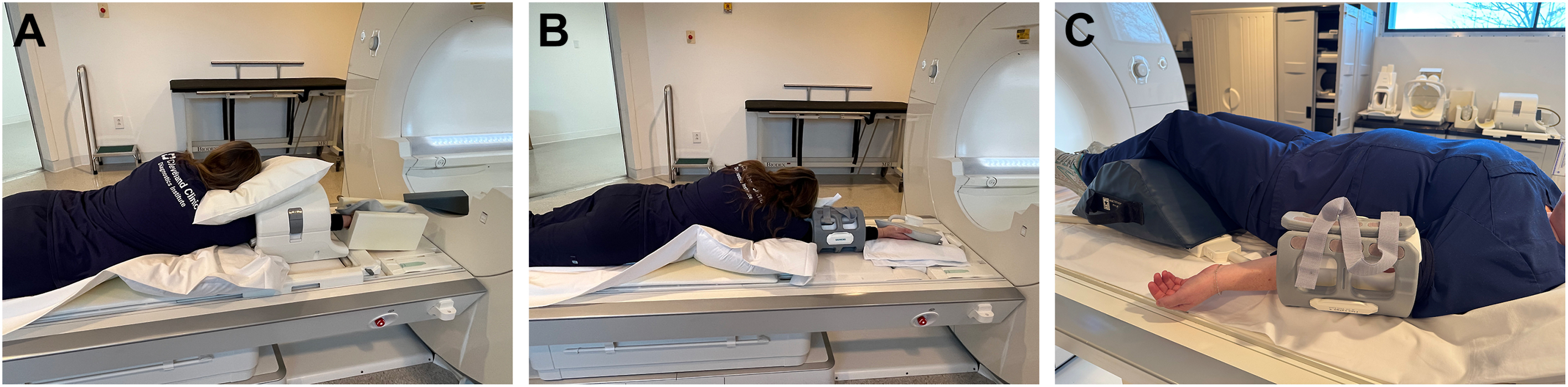 A patient lies in three different positions for elbow magnetic resonance imaging, with the elbow placed inside either a rigid or a flexible coil.