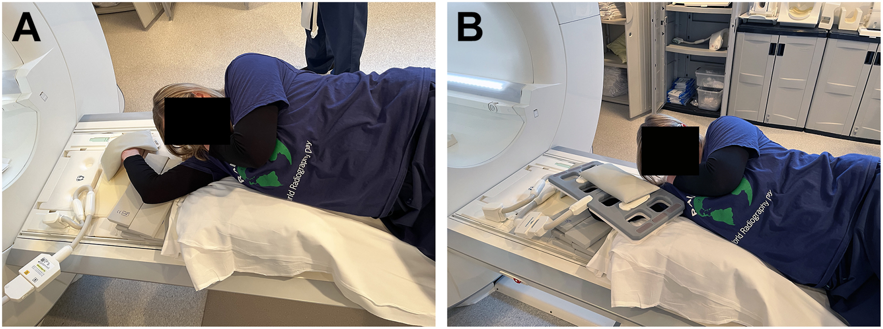 Two clinical photos show a patient lying on the side with the elbow bent and a hand resting on the table, and lying on the side with the elbow bent and a flexible coil placed over it.