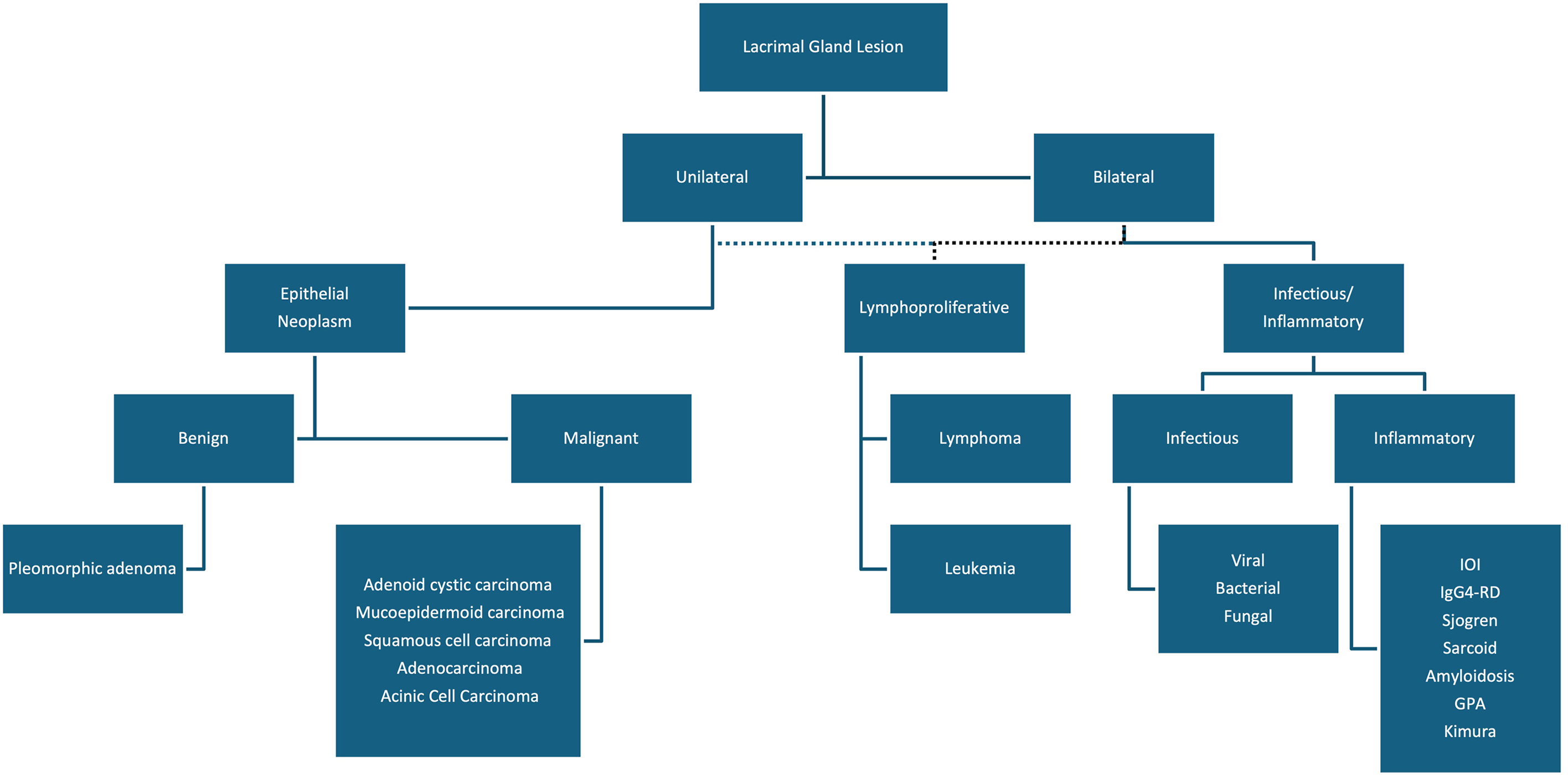 A flowchart of commonly seen lacrimal gland lesions divides them into unilateral and bilateral types, then categorizes them into epithelial, lymphoproliferative, and inflammatory diagnoses.