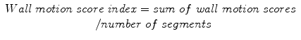 
$$ \begin{array}{c} Wall\  motion\  score\  index= sum\  of\  wall\  motion\  score s\\ {}\kern0.5em / number\  of\  segments\end{array} $$
