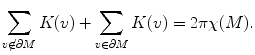 
$$\displaystyle{\sum_{v\not\in \partial M}K(v) +\sum_{v\in \partial M}K(v) = 2\pi \chi (M).}$$
