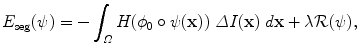 $$\displaystyle{ \int _{\{\phi _{0}\circ \psi =0\}}\ \ \  -\left < \vec{\nabla I}({\bf x}),\ \vec{{\bf n}}({\bf x})\right >\ dS({\bf x}) = -\int _{\{\phi _{0}\circ \psi \geq 0\}}div(\nabla I({\bf x}))\ d{\bf x} = -\int _{\{\phi _{0}\circ \psi \geq 0\}}\varDelta I({\bf x})\ d{\bf x} }$$” src=”/wp-content/uploads/2016/03/A303895_1_En_2_Chapter_Equ5.gif”></DIV></DIV><br />
<DIV class=EquationNumber>(5)</DIV></DIV>where <SPAN class=EmphasisTypeItalic>Δ</SPAN> denotes the Laplacian operator. Introducing <SPAN class=EmphasisTypeItalic>H</SPAN> the Heaviside function (<SPAN class=EmphasisTypeItalic>H</SPAN>(<SPAN class=EmphasisTypeItalic>a</SPAN>) = 1 if <SPAN class=EmphasisTypeItalic>a</SPAN> is positive, 0 otherwise) yields a more convenient formulation of the segmentation energy :<br />
<DIV id=Equ6 class=Equation><br />
<DIV class=EquationContent><br />
<DIV class=MediaObject><IMG alt=