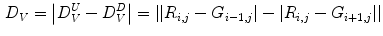 $$\begin{aligned} D_V =\left| {D_V^U -D_V^D } \right| =\left| {\left| {R_{i,j} -G_{i-1,j} } \right| -\left| {R_{i,j} -G_{i+1,j} } \right| } \right| \end{aligned}$$