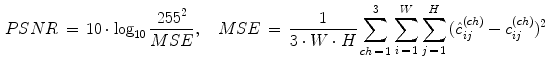 $$\begin{aligned} PSNR\,=\,10\cdot \log _{10} \frac{255^{2}}{MSE},\quad MSE\,=\,\frac{1}{3\cdot W\cdot H}\sum _{ch\,=\,1}^3 {\sum _{i\,=\,1}^W {\sum _{j\,=\,1}^H {(\hat{{c}}_{ij}^{(ch)} -c_{ij}^{(ch)} )^{2}} } } \end{aligned}$$