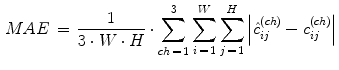 $$\begin{aligned} MAE\,=\,\frac{1}{3\cdot W\cdot H}\cdot \sum _{ch\,=\,1}^3 {\sum _{i\,=\,1}^W {\sum _{j\,=\,1}^H {\left| {\hat{{c}}_{ij}^{(ch)} -c_{ij}^{(ch)} } \right| } } } \end{aligned}$$