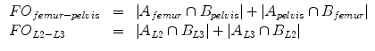 $$\begin{aligned} \begin{array}{lcl} FO _{femur-pelvis} &{} = &{} \left| A_{femur} \cap B_{pelvis} \right| + \left| A_{pelvis} \cap B_{femur} \right| \\ FO _{L2-L3} &{} = &{} \left| A_{L2} \cap B_{L3} \right| + \left| A_{L3} \cap B_{L2} \right| \\ \end{array} \end{aligned}$$