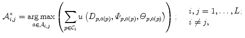 $$\begin{aligned} \mathcal {A}_{i,j}^*= \underset{\mathfrak {a} \in \mathcal {A}_{i,j}}{\arg \max }\left( \sum _{p \in \mathcal {C}_i}{u\left( D_{p,\mathfrak {a}(p)}, \varPhi _{p,\mathfrak {a}(p)}, \varTheta _{p,\mathfrak {a}(p)}\right) }\right) ;\quad \begin{array}{l} i,j = 1, \ldots , L;\\ i \ne j, \end{array} \end{aligned}$$