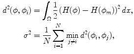 $$\begin{aligned} d^2(\phi ,\phi _i)&=\int _\Omega \frac{1}{2}\left( H(\phi ) - H(\phi _m)\right) ^2 dx,\\ \sigma ^2&= \frac{1}{N} \sum _{i=1}^N\min _{j\ne i}d^2(\phi _i,\phi _j), \end{aligned}$$