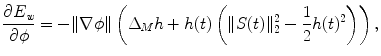 $$ \frac{\partial E_{\textit{w}}}{\partial \phi } = -\Vert \nabla \phi \Vert \left( \Delta _M h +h(t) \left( \Vert S(t)\Vert _2^2-\frac{1}{2}h(t)^2\right) \right) , $$