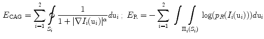 $$\begin{aligned} E_\mathrm{CAG }=\displaystyle \sum _{i=1}^{2}\oint \limits _{S_{i}} \frac{1}{1 + |\nabla I_{i}(\mathrm {u}_{i})|^{\alpha }}d\mathrm {u}_{i}\,\mathrm ; \,\,\,E_\mathrm{R }=-\displaystyle \sum _{i=1}^{2}\;\int \int \limits _{\mathrm {\Pi }_{i}(S_{i})}\log (p_{R}(I_{i}(\mathrm {u}_i)))d\mathrm {u}_{i} \end{aligned}$$