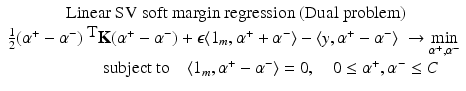 $$\displaystyle{\begin{array}{c} \mbox{ Linear SV soft margin regression (Dual problem)} \\ \frac{1} {2}(\alpha ^{+} -\alpha ^{-})^{\mbox{ T}}\mathbf{K}(\alpha ^{+} -\alpha ^{-}) +\epsilon \langle 1_{ m},\alpha ^{+} +\alpha ^{-}\rangle -\langle y,\alpha ^{+} -\alpha ^{-}\rangle \;\rightarrow \min \limits _{\alpha ^{+ },\alpha ^{-}} \\ \phantom{\frac{1} {2}(\alpha ^{+} -\alpha ^{-}}\mbox{ subject to}\quad \langle 1_{ m},\alpha ^{+} -\alpha ^{-}\rangle = 0,\quad 0 \leq \alpha ^{+},\alpha ^{-}\leq C \end{array} }$$
