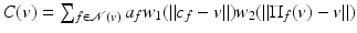 $$C(v) =\sum _{f\in \mathcal{N}(v)}a_{f}w_{1}(\|c_{f} - v\|)w_{2}(\|\Pi _{f}(v) - v\|)$$