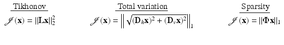 $$\displaystyle{ \begin{array}{c@{\qquad }c@{\qquad }c} \underline{\mbox{ Tikhonov }}\qquad & \underline{\mbox{ Total variation}} \qquad & \underline{\mbox{ Sparsity}} \\ \mathcal{J} ({\mathbf{x}}) = \left \|{\mathbf{Lx}}\right \|_{2}^{2}\qquad &\mathcal{J} ({\mathbf{x}}) = \left \|\sqrt{(\mathbf{D} _{h } {\mathbf{x}} )^{2 } + (\mathbf{D} _{v } {\mathbf{x}} )^{2}}\right \|_{1}\qquad &\mathcal{J} ({\mathbf{x}}) =\vert \vert \boldsymbol{ \Phi }{\mathbf{x}}\vert \vert _{1}\\ \qquad \end{array} }$$
