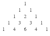 $$\displaystyle{ \begin{array}{*{20}c} & & & &1& & & & \\ &&&1&&1&&& \\ & &1& &2& &1& & \\ &1&&3&&3&&1& \\ 1& &4& &6& &4& &1\\ \end{array} }$$