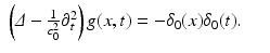 
$$\displaystyle\begin{array}{rcl} \left (\varDelta - \frac{1} {c_{0}^{2}}\partial _{t}^{2}\right )g(x,t) = -\delta _{ 0}(x)\delta _{0}(t).& & {}\\ \end{array}$$

