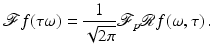 
$$\displaystyle{\mathcal{F}f(\tau \omega ) = \frac{1} {\sqrt{2\pi }}\mathcal{F}_{p}\mathcal{R}f(\omega,\tau )\,.}$$
