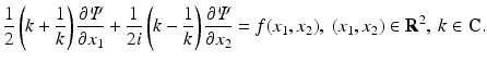 $$\displaystyle{ \frac{1} {2}\left (k + \frac{1} {k}\right ) \frac{\partial \varPsi } {\partial x_{1}} + \frac{1} {2i}\left (k -\frac{1} {k}\right ) \frac{\partial \varPsi } {\partial x_{2}} = f(x_{1},x_{2}),\ (x_{1},x_{2}) \in \mathbf{R}^{2},\ k \in \mathbf{C}. }$$
