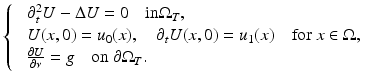 $$\displaystyle{ \left \{\begin{array}{ll} &\partial _{t}^{2}U - \Delta U = 0\quad \text{in} \Omega _{T}, \\ &U(x,0) = u_{0}(x),\quad \partial _{t}U(x,0) = u_{1}(x)\quad \text{for}\ x \in \Omega, \\ &\frac{\partial U} {\partial \nu } = g\quad \text{on}\ \partial \Omega _{T}.\end{array} \right. }$$