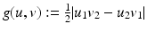$$g(u,v):= \frac{1} {2}\vert u_{1}v_{2} - u_{2}v_{1}\vert$$