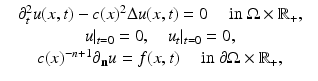 $$\displaystyle\begin{array}{rcl} & \partial _{t}^{2}u(x,t) - c(x)^{2}\Delta u(x,t) = 0\quad \mbox{ in }\Omega \times \mathbb{R}_{+},& \\ & u\vert _{t=0} = 0,\quad u_{t}\vert _{t=0} = 0, & \\ & c(x)^{-n+1}\partial _{\mathbf{n}}u = f(x,t)\quad \mbox{ in }\partial \Omega \times \mathbb{R}_{+}, &{}\end{array}$$