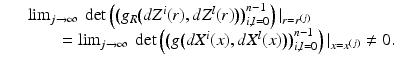 $$\displaystyle\begin{array}{rcl} & & \lim _{j\rightarrow \infty }\mbox{ det}\left (\big(g_{R}\big(dZ^{i}(r),dZ^{l}(r)\big)\big)_{ i,l=0}^{n-1}\right )\vert _{ r=r^{(j)}} \\ & & \qquad =\lim _{j\rightarrow \infty }\mbox{ det}\left (\big(g\big(dX^{i}(x),dX^{l}(x)\big)\big)_{ i,l=0}^{n-1}\right )\vert _{ x=x^{(j)}}\not =0.{}\end{array}$$