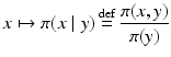 $$\displaystyle{ x\mapsto \pi (x\mid y)\mathop{=}^{{\mathrm{def}}}\frac{\pi (x,y)} {\pi (y)} }$$