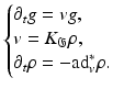 $$\displaystyle{ \left \{\begin{array}{@{}l@{}} \partial _{t}g = vg, \\ v = K_{\mathfrak{G}}\rho, \\ \partial _{t}\rho = -{\mathrm{ad}}_{v}^{{\ast}}\rho.\end{array} \right. }$$