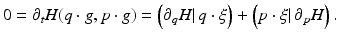 $$\displaystyle{0 = \partial _{t}H(q \cdot g,p \cdot g) = \left (\partial _{q}H\vert \,q\cdot \xi \right ) + \left (p\cdot \xi \vert \,\partial _{p}H\right ).}$$