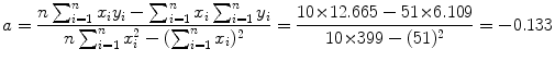 $$ a = \frac{n\sum_{i = 1}^{n} x_{i}y_{i} - \sum_{i = 1}^{n} x_{i}\sum_{i = 1}^{n} y_{i}}{n\sum_{i = 1}^{n} x_{i}^{2} - ( \sum_{i = 1}^{n} x_{i} )^{2}} = \frac{10 {\times} 12.665 - 51 {\times} 6.109}{10 {\times} 399 - (51)^{2}} = - 0.133 $$