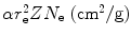 $\alpha r_{\mathrm{e}}^{2}ZN_{\mathrm{e}}\ (\mathrm{cm}^{2}/\mathrm{g})$