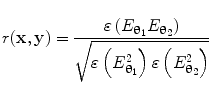 $$ r({\mathbf{x}},{\mathbf{y}}) = \frac{{\varepsilon \left( {E_{{{\varvec{\uptheta}}_{1} }} E_{{{\varvec{\uptheta}}_{2} }} } \right)}}{{\sqrt {\varepsilon \left( {E_{{{\varvec{\uptheta}}_{1} }}^{2} } \right)\varepsilon \left( {E_{{{\varvec{\uptheta}}_{2} }}^{2} } \right)} }} $$