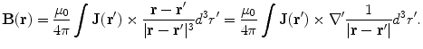 $${\mathbf{B(r)}} = \frac{{\mu_{0} }}{4\pi }\int {\mathbf{J(r^{\prime})}} \times \frac{{{\mathbf{r}} - {\mathbf{r^{\prime}}}}}{{|{\mathbf{r}} - {\mathbf{r^{\prime}}}|^{3} }}d^{3} r^{\prime} = \frac{{\mu_{0} }}{4\pi }\int {\mathbf{J(r^{\prime})}} \times \nabla^{\prime}\frac{1}{{|{\mathbf{r}} - {\mathbf{r^{\prime}}}|}}d^{3}r^{\prime}.$$