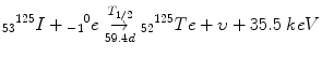 $$ {}_{53}{}^{125} I+{}_{-1}{}^0 e\overset{T_{1/2}}{\underset{59.4\kern1.5pt  d}{\to }}{}_{52}{}^{125} T e+\upsilon +35.5\; keV $$