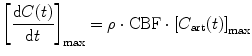 
$$ {\left[\frac{\mathrm{d}C(t)}{\mathrm{d}t}\right]}_{\max }=\rho \cdot \mathrm{CBF}\cdot {\left[{C}_{\mathrm{art}}(t)\right]}_{\max } $$
