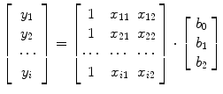 
$$ \left[\begin{array}{c} {y}_1 \\ {} {y}_2 \\ {} \cdots \\ {} {y}_i \end{array}\right]=\left[\!\!\arraycolsep4pt\begin{array}{ccc} 1 & {x}_{11} & {x}_{12} \\ {} 1 & {x}_{21} & {x}_{22} \\ {} \cdots & \cdots & \cdots \\ {} 1 & {x}_{i1} & {x}_{i2} \end{array}\right]\cdot \left[\begin{array}{c} {b}_0 \\ {} {b}_1 \\ {} {b}_2 \end{array}\right] $$
