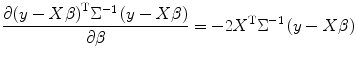 
$$ \frac{\partial {\left(y- X\beta \right)}^{\mathrm{T}}{\Sigma}^{-1}\left(y- X\beta \right)}{\partial \beta }=-2{X}^{\mathrm{T}}{\Sigma}^{-1}\left(y- X\beta \right) $$
