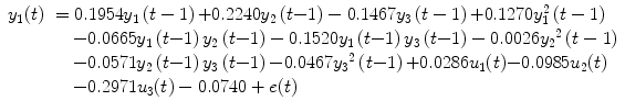 
$$ \begin{array}{llllllll}{y}_1(t)&=0.1954{y}_1\left(t-1\right){+}0.2240{y}_2\left(t{-}1\right)-0.1467{y}_3\left(t-1\right){+}0.1270{y}_1^2\left(t-1\right)\\ & \quad {-}0.0665{y}_1\left(t{-}1\right){y}_2\left(t{-}1\right)-0.1520{y}_1\left(t{-}1\right){y}_3\left(t{-}1\right)-0.0026{y}_2{}^2\left(t-1\right)\\ & \quad {-}0.0571{y}_2\left(t{-}1\right){y}_3\left(t{-}1\right){-}0.0467{y}_3{}^2\left(t{-}1\right){+}0.0286{u}_1(t){-}0.0985{u}_2(t)\\ & \quad -0.2971{u}_3(t)-0.0740+e(t)\end{array} \raisetag{12pt} $$
