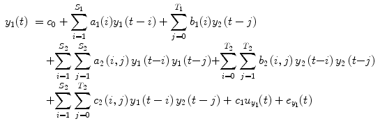 
$$ \begin{array}{llllllll} {y}_1(t)&={c}_0+{\displaystyle \sum_{i=1}^{S_1}{a}_1(i){y}_1\left(t-i\right)}+{\displaystyle \sum_{j=0}^{T_1}{b}_1(i){y}_2\left(t-j\right)}\\ & \quad +{\displaystyle \sum_{i=1}^{S_2}{\displaystyle \sum_{j=1}^{S_2}{a}_2\left(i,j\right){y}_1\left(t{-}i\right){y}_1\left(t{-}j\right)}} {+}{\displaystyle \sum_{i=0}^{T_2}{\displaystyle \sum_{j=1}^{T_2}{b}_2\left(i,j\right){y}_2\left(t{-}i\right){y}_2\left(t{-}j\right)}}\\ & \quad +{\displaystyle \sum_{i=1}^{S_2}{\displaystyle \sum_{j=0}^{T_2}{c}_2\left(i,j\right){y}_1\left(t-i\right){y}_2\left(t-j\right)+{c}_1{u}_{y_1}(t)}}+{e}_{y_1}(t) \end{array} \raisetag{19pt} $$
