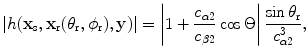 
$$ \left| h( {{\mathbf{x}}_{\text{s}}},{{\mathbf{x}}_{\text{r}}}( {{\theta }_{\text{r}}},{{\phi }_{\text{r}}} ),\mathbf{y} ) \right|=\left| 1+\frac{{{c}_{\alpha 2}}}{{{c}_{\beta 2}}}\cos \Theta\right|\frac{\sin {{\theta }_{\text{r}}}}{c_{\alpha 2}^{3}}, $$
