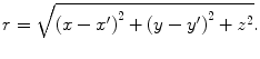 
$$ r=\sqrt{{{(x-{x}')}^{2}}+{{(y-{y}')}^{2}}+{{z}^{2}}}. $$
