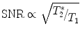 $$ {\text{SNR}} \propto \sqrt {{\raise0.7ex\hbox{${T_{2}^{*} }$} \!\mathord{\left/ {\vphantom {{T_{2}^{*} } {T_{1} }}}\right.\kern-0pt} \!\lower0.7ex\hbox{${T_{1} }$}}} $$