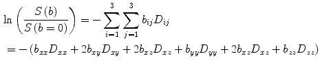 $$ \begin{aligned} & { \ln }\left( {\frac{S\left( b \right)}{{S\left( {b = 0} \right)}}} \right) = - \sum\limits_{i = 1}^{3} {\sum\limits_{j = 1}^{3} {b_{ij} } } D_{ij} \\ & = - \left( {b_{xx} D_{xx} + 2b_{xy} D_{xy} + 2b_{xz} D_{xz} + b_{yy} D_{yy} + 2b_{xz} D_{xz} + b_{zz} D_{zz} } \right) \\ \end{aligned} $$