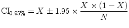 
$$ \mathrm{C}{{\mathrm{I}}_{{0.95\%}}}=X \pm 1.96\times \frac{{X\times (1-X)}}{N} $$
