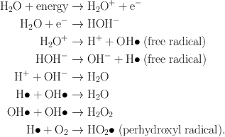 
$$ \begin{aligned}{{\text{H}}_2}\text{O}+\text{energy}& \to {{\text{H}}_2}{{\text{O}}^{+}}+{{\text{e}}^{-}} \\ {{\text{H}}_2}\text{O}+{{\text{e}}^{-}}& \to \text{HO}{{\text{H}}^{-}} \\ {{\text{H}}_2}{{\text{O}}^{+}}& \to {{\text{H}}^{+}}+{\text{OH}\bullet} \; ({\text{free radical}}) \\ \text{HO}{{\text{H}}^{-}}&\to \text{O}{{\text{H}}^{-}}+{\text{H}\bullet} \; ({\text{free radical}}) \\ {{\text{H}}^{+}}+\text{O}{{\text{H}}^{-}}& \to {{\text{H}}_2}\text{O} \\ {\text{H}\bullet} +{\text{OH}\bullet} & \to {{\text{H}}_2}\text{O} \\ {\text{OH}\bullet} +{\text{OH}\bullet} & \to {{\text{H}}_2}{{\text{O}}_2} \\ {\text{H}\bullet} +{{\text{O}}_{2}}& \to {{{\text{HO}}_{2}}\bullet} \; ({\text{perhydroxyl radical}}). \end{aligned} $$
