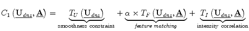 
$$ {C}_1\left(\underline{{\mathbf{U}}_{\mathit{dns}}},\underline{\mathbf{A}}\right)=\underset{\mathrm{smoothness}\ \mathrm{constraint}}{\underbrace{T_U\left(\underline{{\mathbf{U}}_{\mathit{dns}}}\right)}}+\underset{\mathit{feature}\; \mathit{matching}} {\underbrace{\alpha \times {T}_F\left(\underline{{\mathbf{U}}_{\mathit{dns}}},\underline{\mathbf{A}}\right)}}+\underset{\mathrm{intensity}\ \mathrm{correlation}}{\underbrace{T_I\left(\underline{{\mathbf{U}}_{\mathit{dns}}},\underline{\mathbf{A}}\right)}} $$
